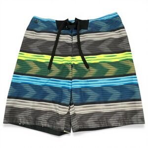 Machine Mens Board Shorts Size 34 Blue Green Striped Swim Trunks Athleisure